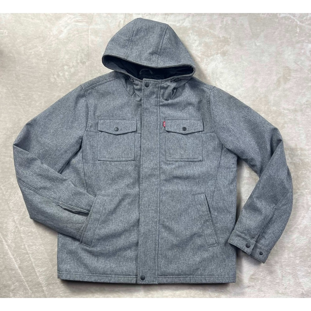 EUC Levi's Men's Gray Hooded Softshell Field Jacket Quilted Lining Size Large
